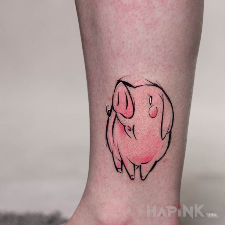 Tattoo Świnka in colorful motif and graphic / illustrative style on the leg