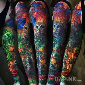 Tattoo Colorful forest on the forearm motif: sleeves style: realistic