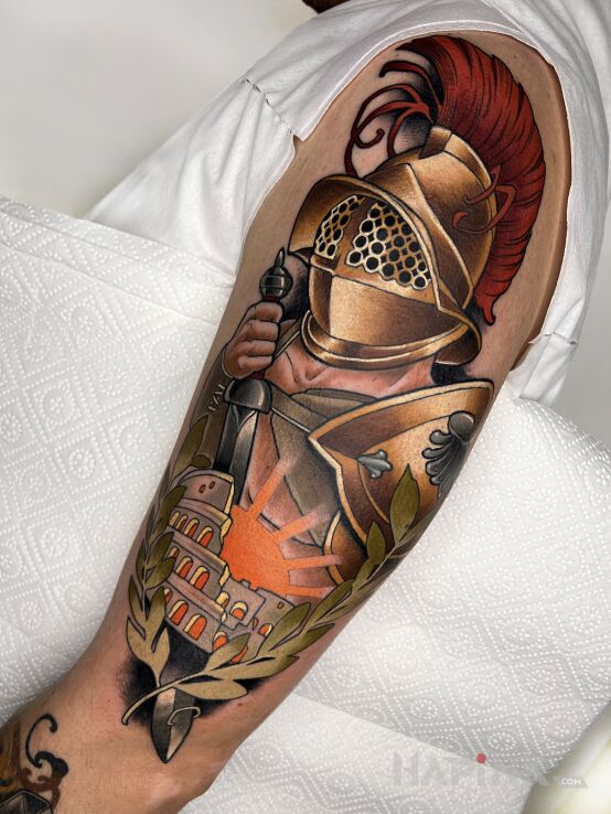Tattoo Gladiator in colorful motif and neo-traditional style on the upper arm