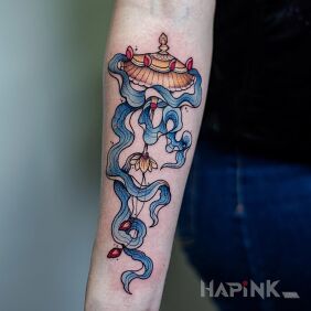 Tattoo Umbrella on the forearm motif: colorful style: japanese / irezumi