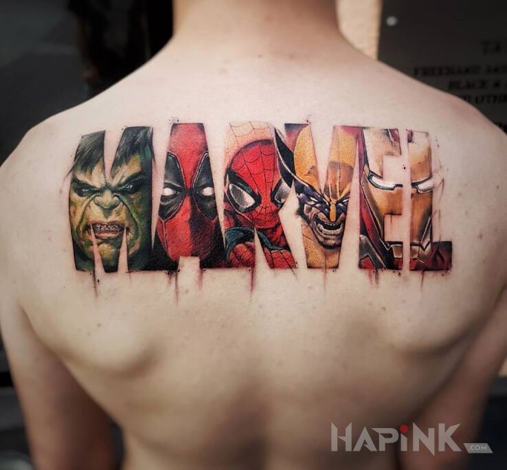 Tattoo Marvel in characters motif on the back