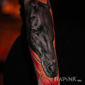 Tattoo @davincisfox Colorful realistic horse tattoo for women on the arm On the arm motif: colorful style: realistic