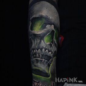 Tattoo @davincisfox Male tattoo, cover-up, skull on the forearm motif: cover-up style: realistic