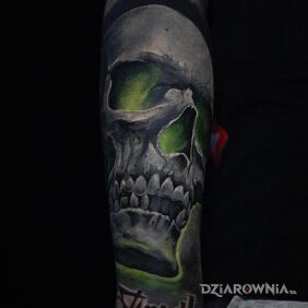 Tatuaż @davincisfox Tatuaż męski, cover-up, czaszka na przedramieniu motyw: kolorowe styl: realistyczne