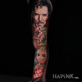 Tattoo @davincisfox Colorful male tattoo, leg sleeve in MARVEL movie style on the leg motif: legsleeves style: realistic