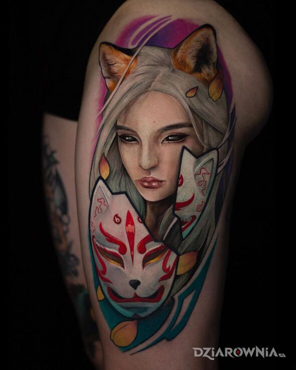 Tatuaż davincisfox tatuaż damski kolorowy na udzie w motywie fantasy na udzie