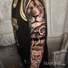 Tattoo The lion is his patron on the forearm motif: animals style: realistic
