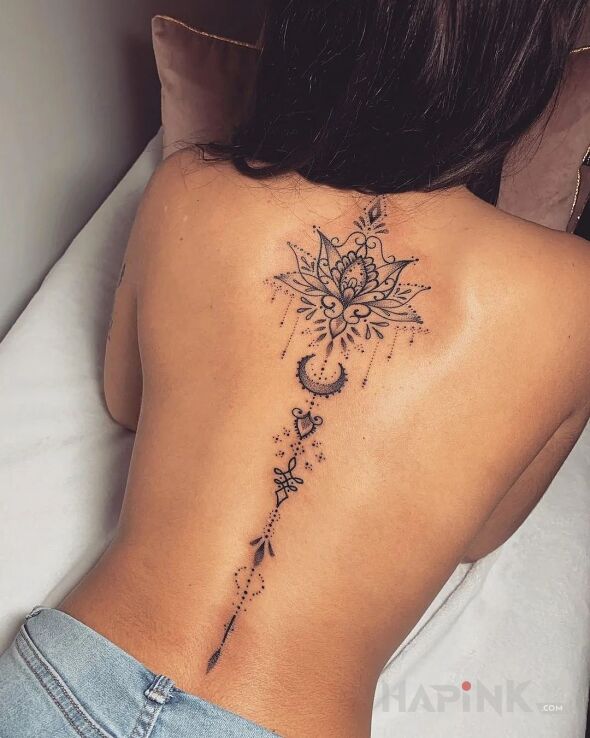 Tattoo Lotos + ornamenciki in ornaments motif and dotwork style on the back