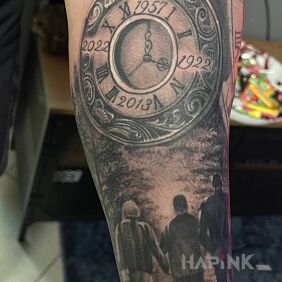 Tattoo Grandma, dad and son (grandson) On the arm motif: characters style: realistic