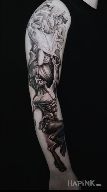 Tattoo Satyr , pół rękaw in faces motif and graphic / illustrative style On the arm