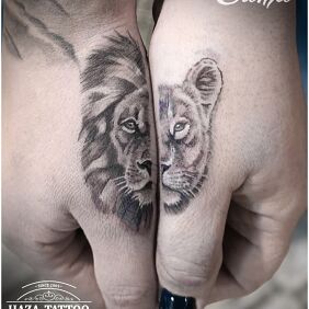 Tattoo Couple lion tattoo On the arm motif: Love style: realistic