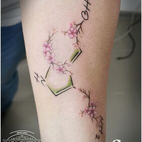 Tattoo Molecular, chemistry, formula on the forearm motif: colorful style: realistic
