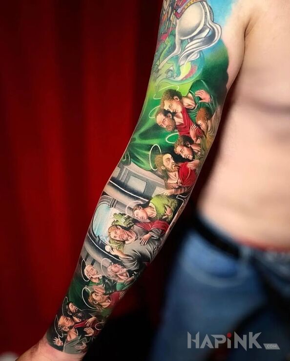 Tattoo Ostatnia wieczerza in colorful motif and graphic / illustrative style on the forearm