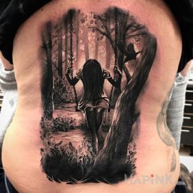 Tattoo A girl in the woods on the back motif: 3D style: realistic