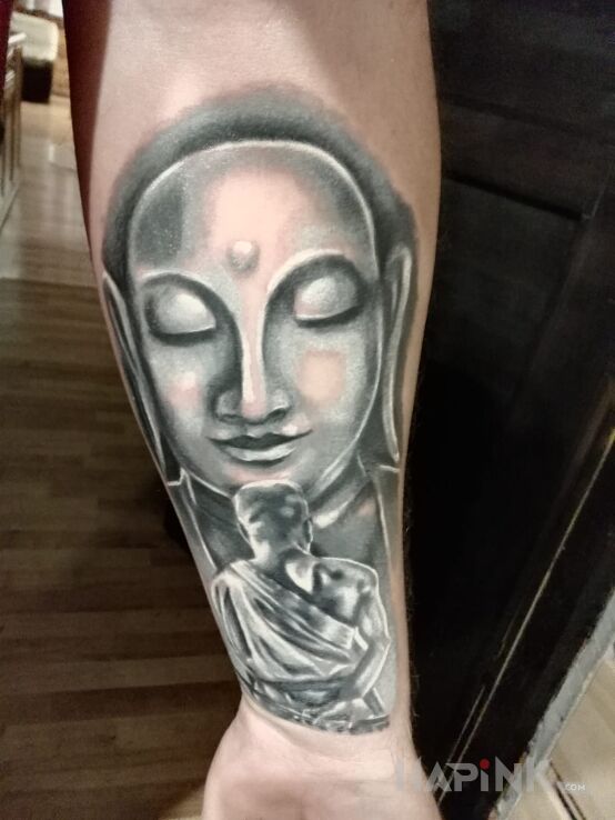 Tattoo Samuraj i Budda in characters motif and japanese / irezumi style on the forearm