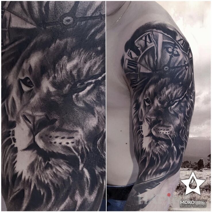 Tattoo Lew na ramieniu in zodiac signs motif and realistic style on the upper arm