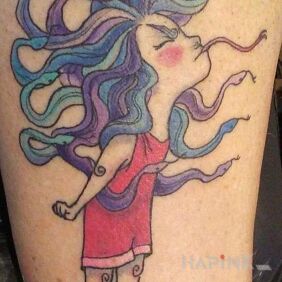 Tattoo Bad Me on the calf motif: colorful style: cartoon / comic book