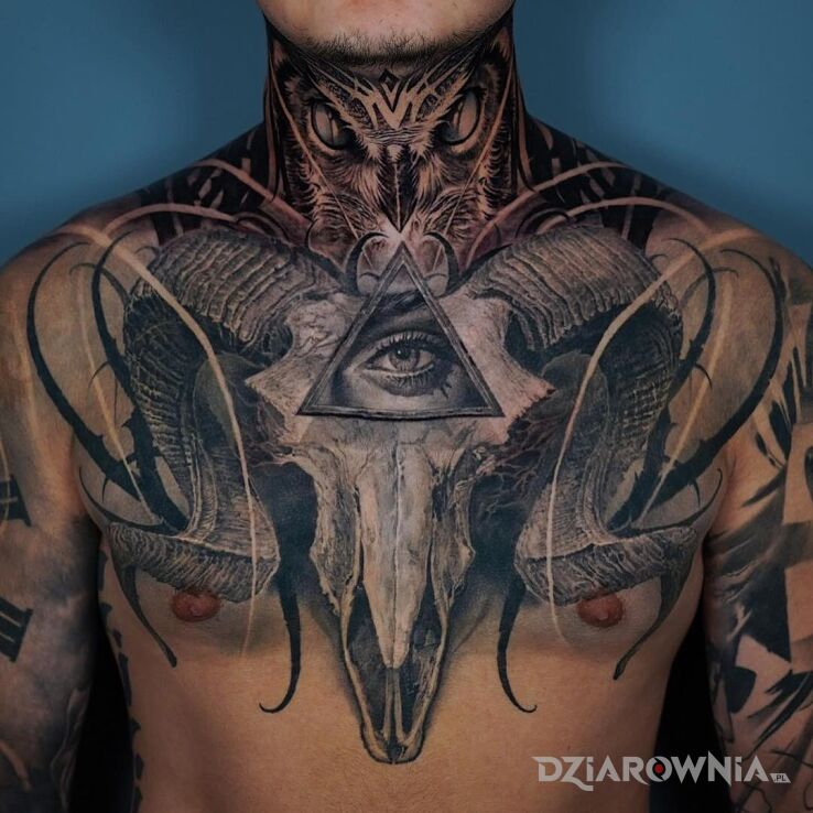 Tatuaż oko patrzy w motywie 3D i stylu realistyczne na gardle