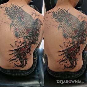 Tatuaż 2 sesje jeszcze nie koniec na łopatkach motyw: fantasy styl: graficzne / ilustracyjne