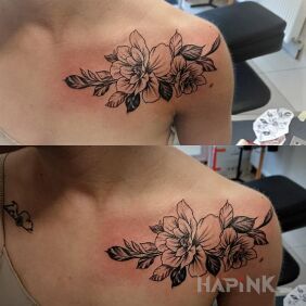 Tattoo Flower on the collarbone motif: black and gray style: graphic / illustrative