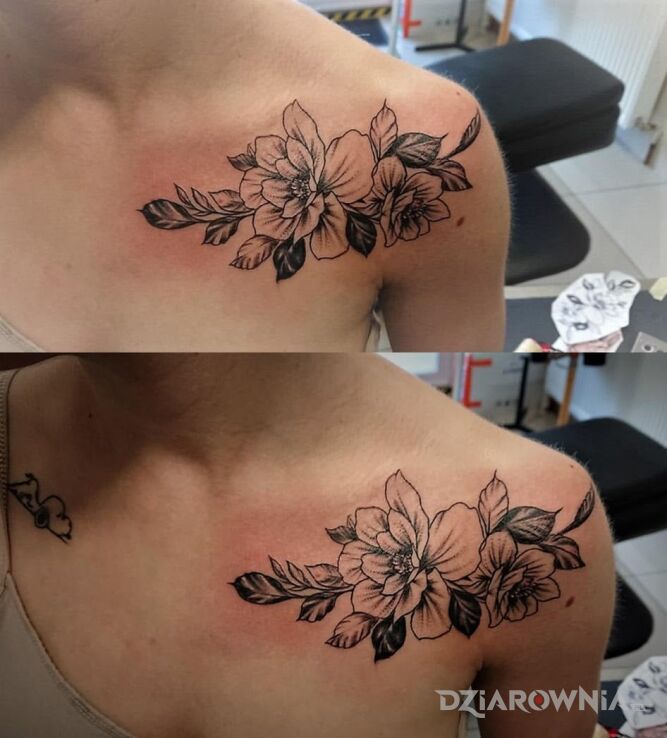 Tatuaż kwiatek w motywie florystyczne na obojczyku