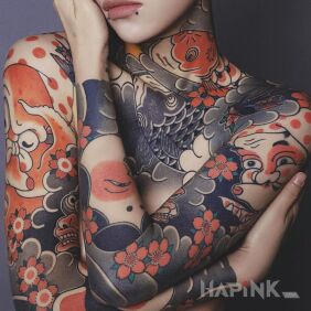 Tattoo Girl with a Japanese tattoo on the upper arm motif: faces style: japanese / irezumi
