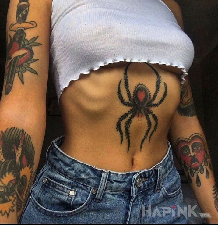 Tattoo Oldschool spider in faces motif and oldschool style on the stomach