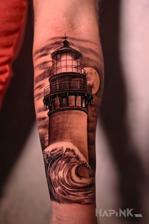 Tattoo Latarnia in black and gray motif and realistic style on the forearm