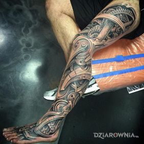 Tatuaż Biomechanika na nodze motyw: rękawy styl: biomechanika