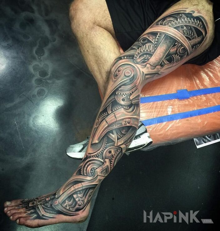 Tattoo Biomechanika in 3D motif and realistic style on the leg