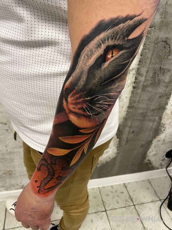 Tatuaż puma w kolorze w motywie zwierzęta i stylu realistyczne na przedramieniu