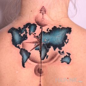Tattoo World Map on the nape motif: colorful style: graphic / illustrative