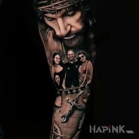 Tattoo Jesus watching over the family On the arm motif: black and gray style: realistic