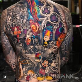 Tattoo Good trip on the back motif: Stained glass style: realistic