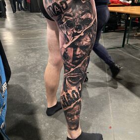 Tattoo Belgium Hasselt Convention 2022 on the calf motif: black and gray style: realistic