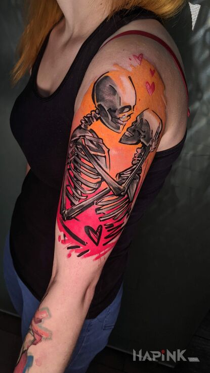 Tattoo Zakochana Para in characters motif and Watercolor style On the arm