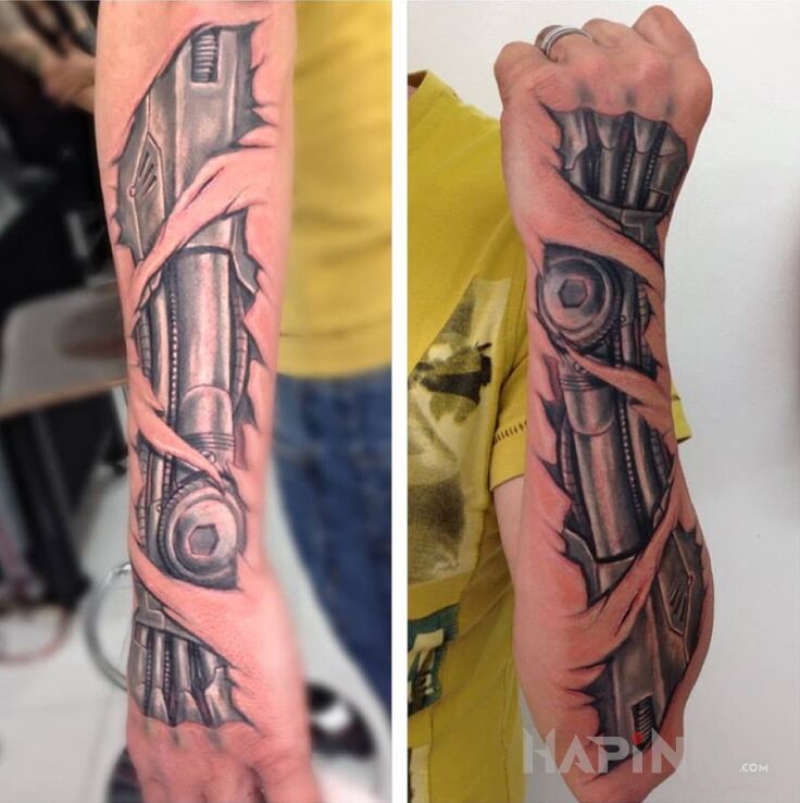 Tattoo Cyborg in 3D motif and biomechanics style on the hand