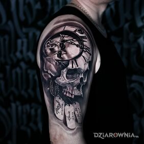 Tatuaż Czaszka z czasem na ramieniu motyw: 3D styl: kontury / linework