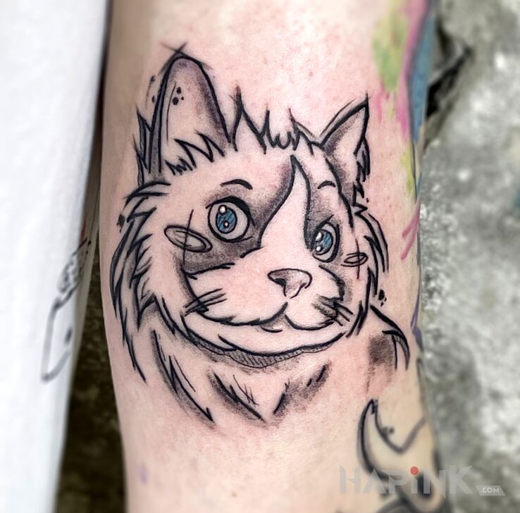 Tattoo Kociak in black and gray motif and cartoon / comic book style on the bicep