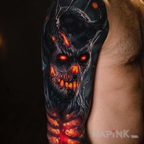 Tattoo Magma Devil on the upper arm motif: demons style: realistic