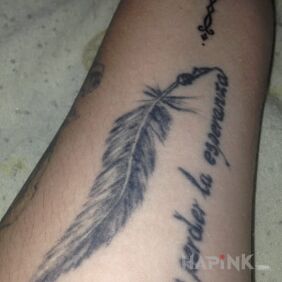 Tattoo A feather with a quote in Spanish on the forearm motif: lettering