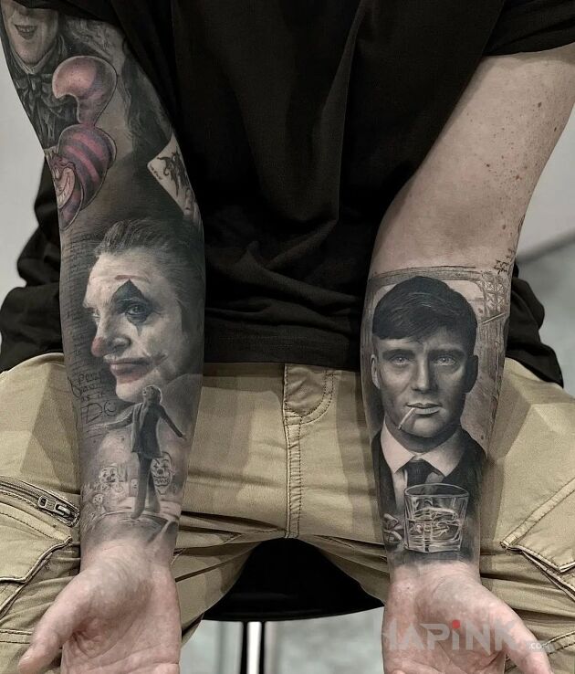 Tattoo Joker i Tommy Shelby in faces motif and realistic style On the arm