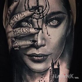 Tattoo Satan's Acolyte on the upper arm motif: faces style: realistic