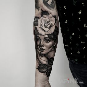 Tattoo Portrait with a rose on the forearm motif: faces style: realistic