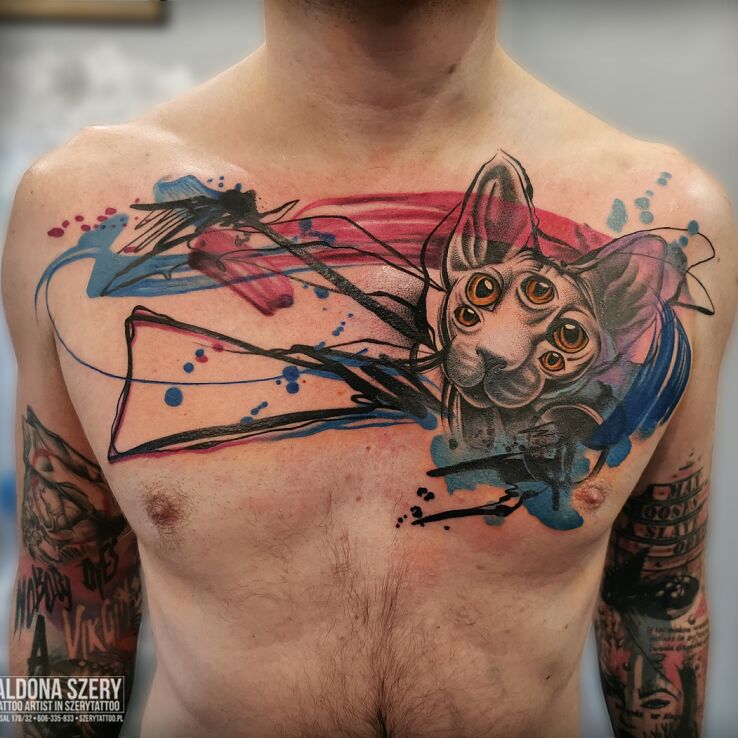 Tatuaż kot sfinks i akwarelowe abstrakcje w motywie pozostałe i stylu abstrakcyjne na klatce