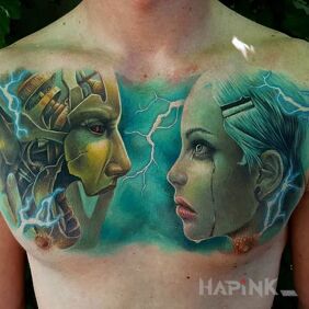 Tattoo Cyborg and the girl on the chest motif: science fiction style: realistic
