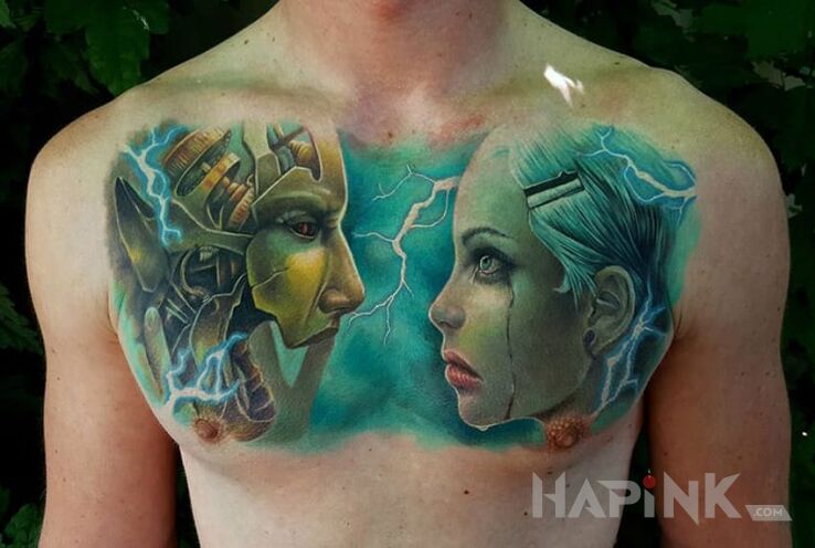 Tattoo Cyborg i dziewczyna in faces motif and realistic style on the chest