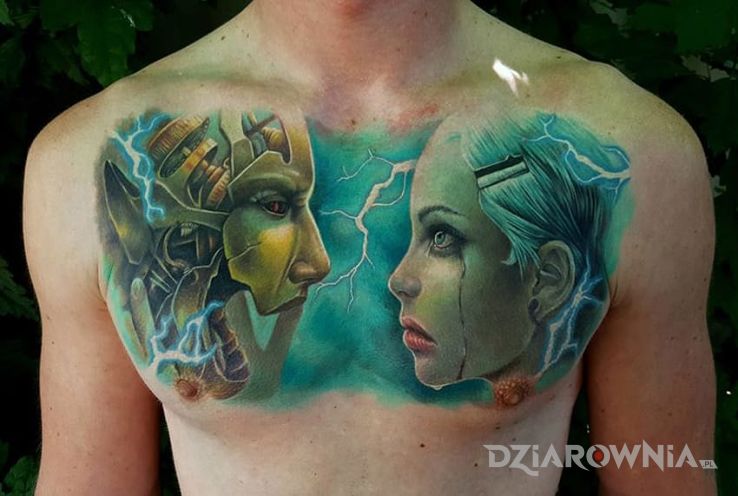 Tatuaż cyborg i dziewczyna w motywie postacie i stylu realistyczne na klatce