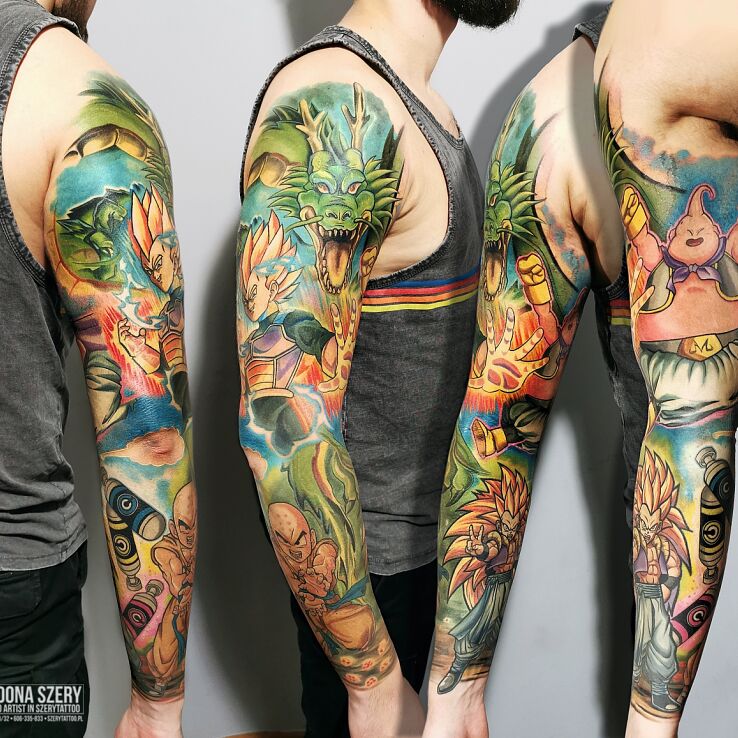 Tatuaż dragonball sleave w motywie rękawy i stylu kreskówkowe / komiksowe na bicepsie