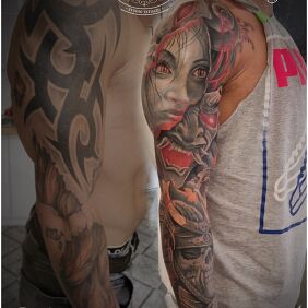 Tattoo Cover On the arm motif: faces style: realistic